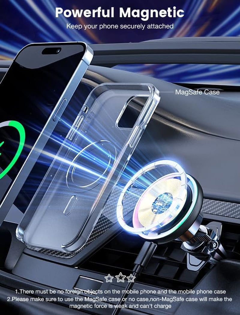 for Magsafe Car Mount Charger-15W Wireless Car Charger-Magnetic Car Phone Holder for Dash Air Vent-Led RGB Handsfree Car Mount Fast Car Charger for Iphone 14/13/12 Series