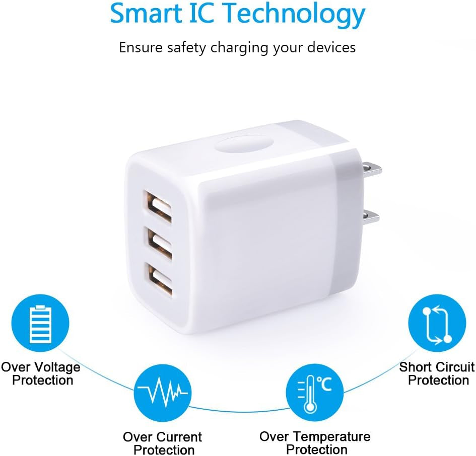 USB Wall Charger,  2Pack Wall Plug 3-Port USB Charging Station 3.1A Power Adapter Multi Port Quick Charger Block Cube for Iphone 16 15 14 13 12 11 Pro XS MAX 8 Plus, Ipad, Samsung Galaxy S24 S23