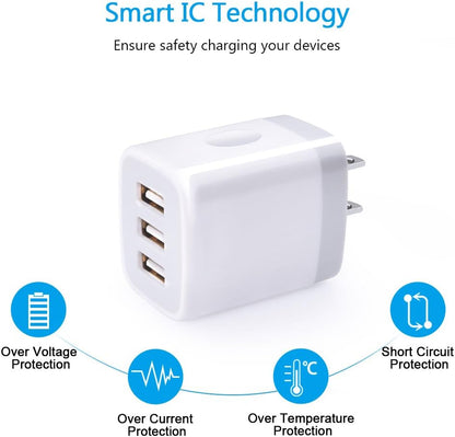 USB Wall Charger,  2Pack Wall Plug 3-Port USB Charging Station 3.1A Power Adapter Multi Port Quick Charger Block Cube for Iphone 16 15 14 13 12 11 Pro XS MAX 8 Plus, Ipad, Samsung Galaxy S24 S23