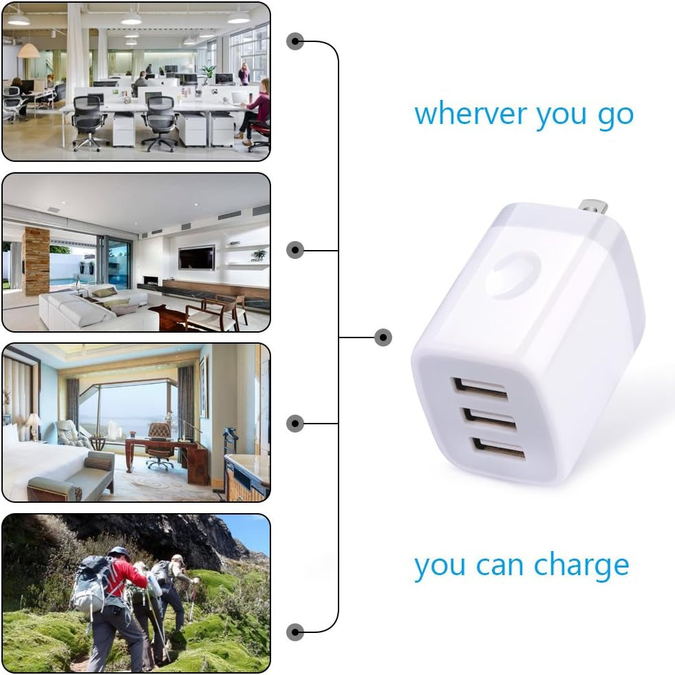 USB Wall Charger,  2Pack Wall Plug 3-Port USB Charging Station 3.1A Power Adapter Multi Port Quick Charger Block Cube for Iphone 16 15 14 13 12 11 Pro XS MAX 8 Plus, Ipad, Samsung Galaxy S24 S23