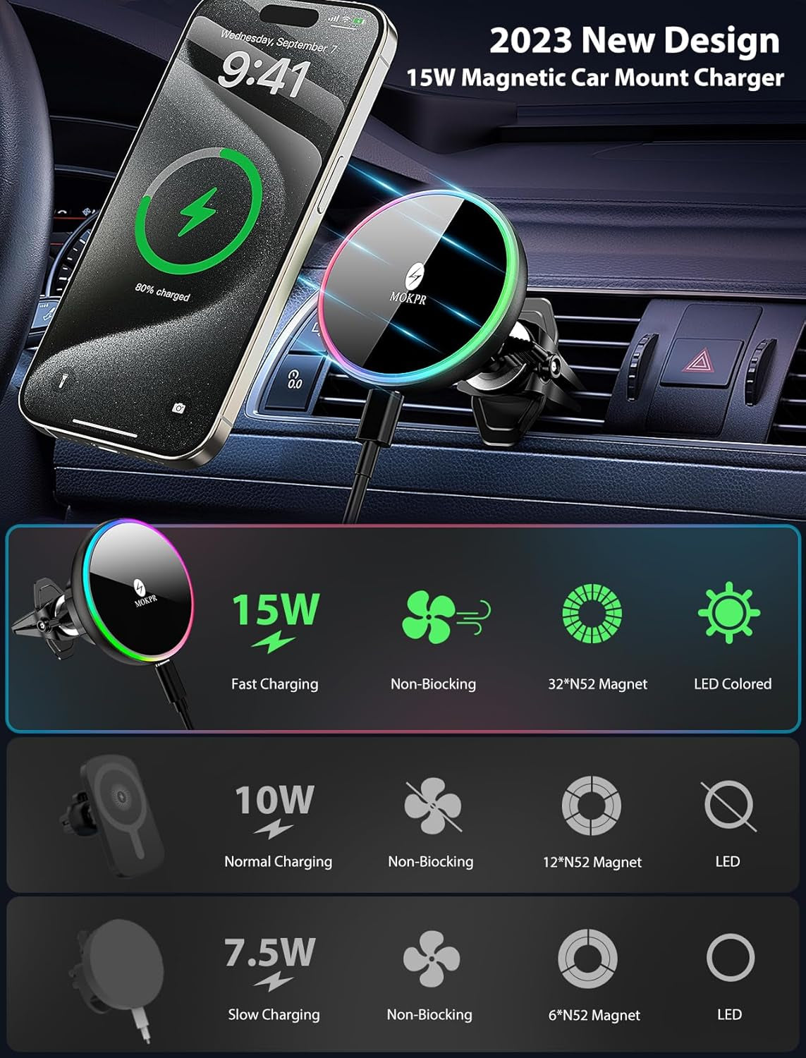for Magsafe Car Mount Charger-15W Wireless Car Charger-Magnetic Car Phone Holder for Dash Air Vent-Led RGB Handsfree Car Mount Fast Car Charger for Iphone 14/13/12 Series