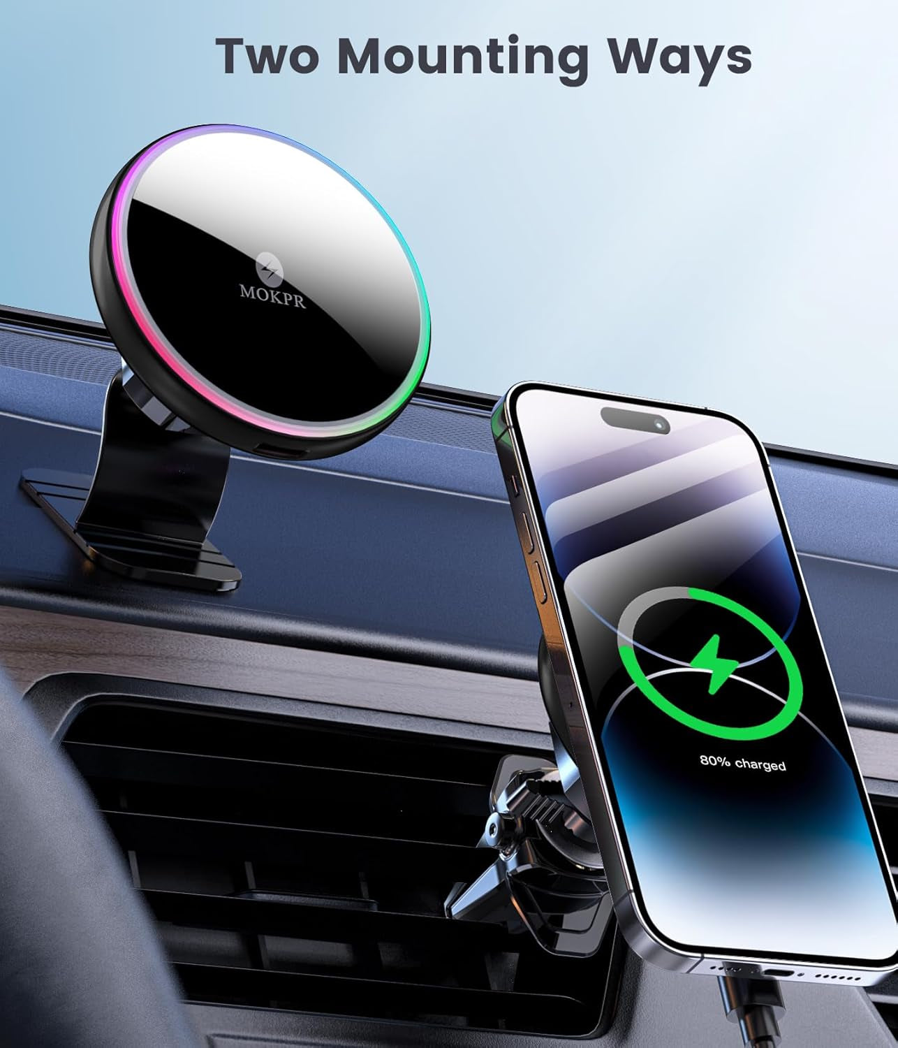 for Magsafe Car Mount Charger-15W Wireless Car Charger-Magnetic Car Phone Holder for Dash Air Vent-Led RGB Handsfree Car Mount Fast Car Charger for Iphone 14/13/12 Series