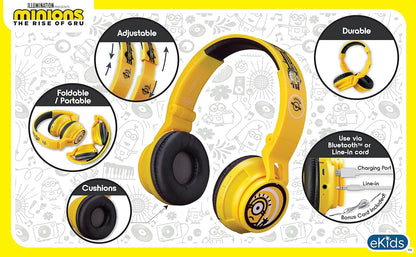 Minions Kids Bluetooth Wireless Headphones with Microphone, Includes Aux Cord, Volume Reduced, Foldable, Yellow, over Ear, Unisex, 3.5Mm Jack, 18H Playtime, 1 Year Warranty