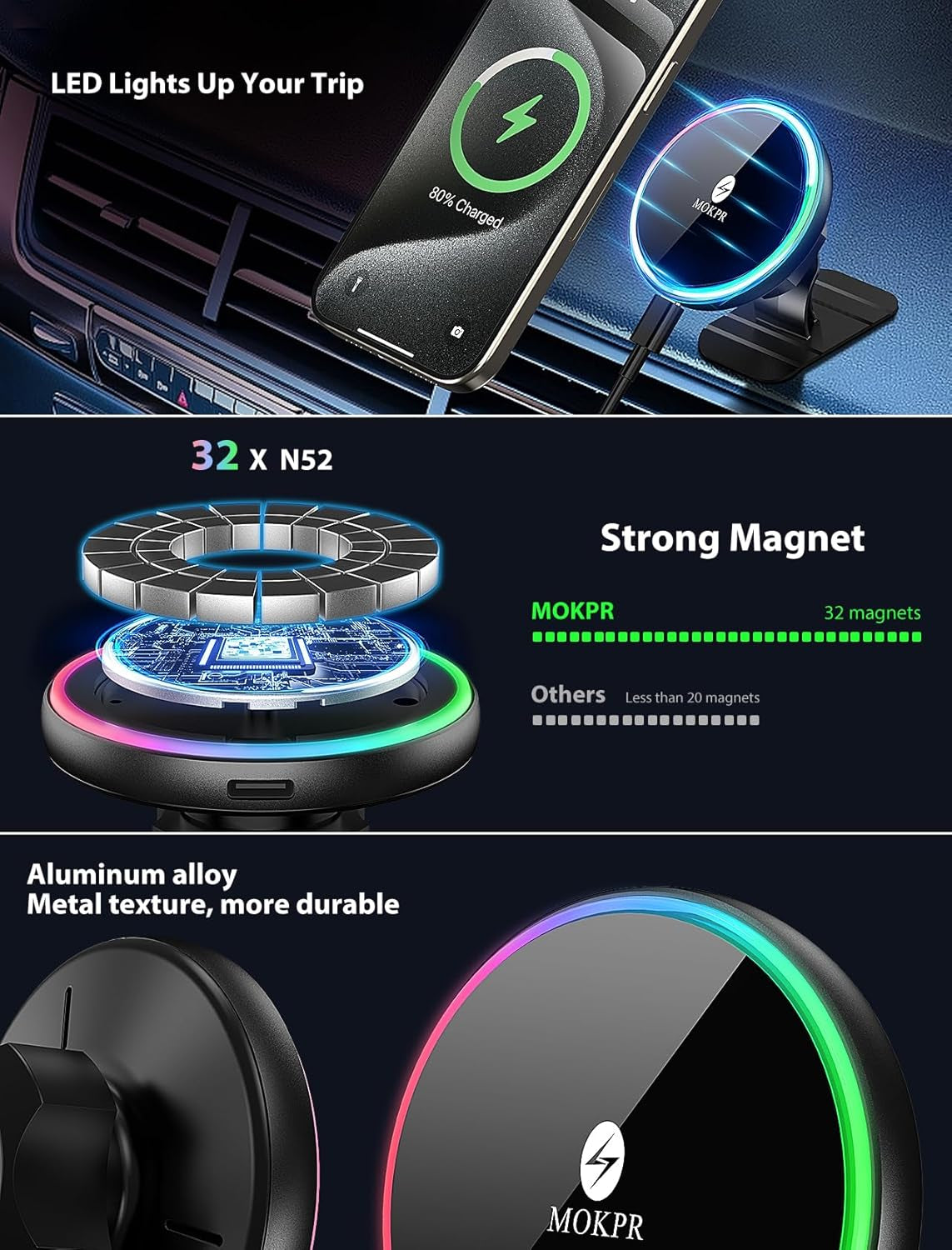 for Magsafe Car Mount Charger-15W Wireless Car Charger-Magnetic Car Phone Holder for Dash Air Vent-Led RGB Handsfree Car Mount Fast Car Charger for Iphone 14/13/12 Series