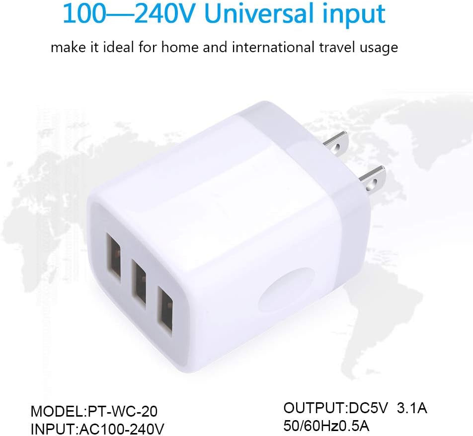 USB Wall Charger,  2Pack Wall Plug 3-Port USB Charging Station 3.1A Power Adapter Multi Port Quick Charger Block Cube for Iphone 16 15 14 13 12 11 Pro XS MAX 8 Plus, Ipad, Samsung Galaxy S24 S23