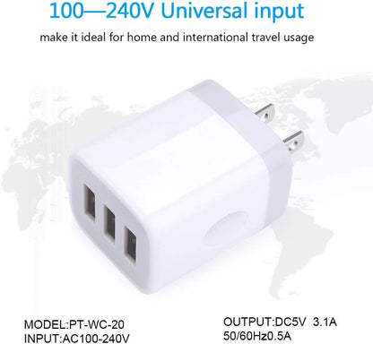 USB Wall Charger,  2Pack Wall Plug 3-Port USB Charging Station 3.1A Power Adapter Multi Port Quick Charger Block Cube for Iphone 16 15 14 13 12 11 Pro XS MAX 8 Plus, Ipad, Samsung Galaxy S24 S23