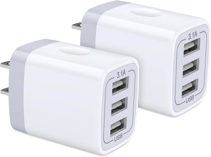 USB Wall Charger,  2Pack Wall Plug 3-Port USB Charging Station 3.1A Power Adapter Multi Port Quick Charger Block Cube for Iphone 16 15 14 13 12 11 Pro XS MAX 8 Plus, Ipad, Samsung Galaxy S24 S23